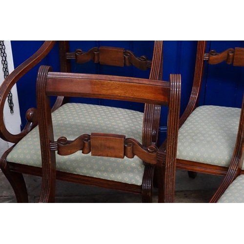 591 - A Set of Six Reproduction Dining Chairs with green padded seats. (2 + 4).