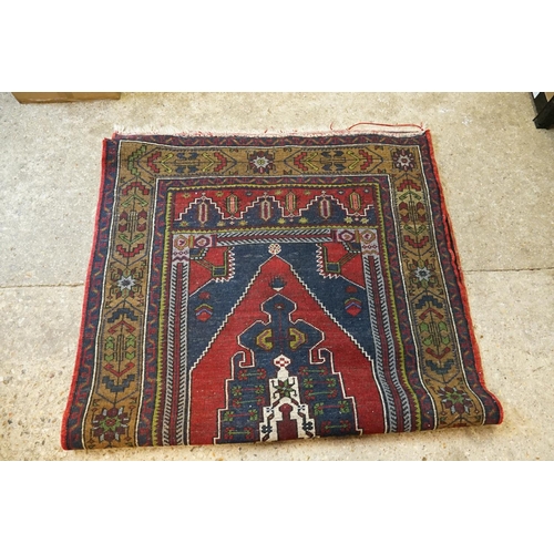 266 - A Red & Blue Ground Geometric Central Medallion Saw Tooth Bordered & Olive Green Ground Floral decor... 