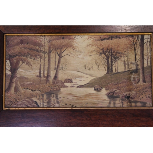 459 - A Japanese Wool Work Forest Study with Stream contained in an English Export Wooden Frame.