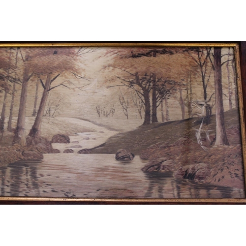 459 - A Japanese Wool Work Forest Study with Stream contained in an English Export Wooden Frame.