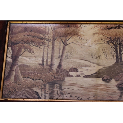 459 - A Japanese Wool Work Forest Study with Stream contained in an English Export Wooden Frame.