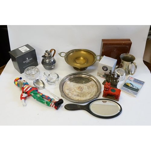 309 - An Art Nouveau glass ashtray, brass tazza and various items of smalls.