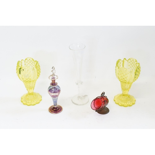 313 - An Antique Flute, two Uranium Glass Goblets & two other pieces of glass ware.