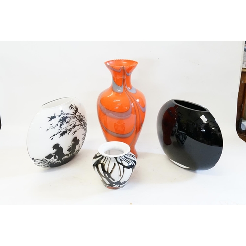 315 - Two modern Slab Shaped Glass Vases, one Black & one decorated with children along with two Swirly Gl... 