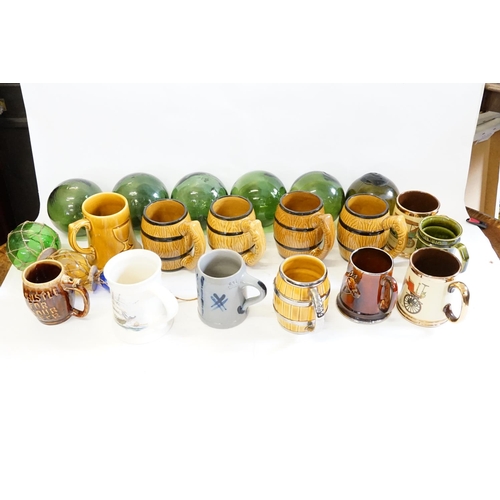 318 - Six glass witches balls, Wade tankards, German mug, Motor museum tankards, etc.