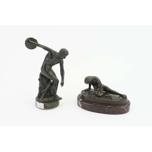 423 - A Bronzed Study of the Discus Thrower & one other of the wounded Gladiator on a marble base.