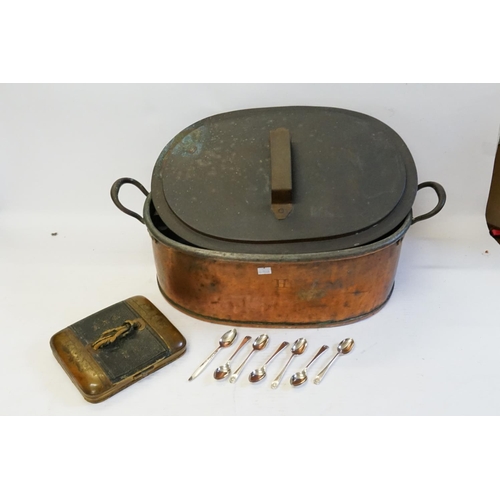 412 - An antique copper two handled fish kettle, with tinned liner, cover, initialled 'H'. A collection of... 