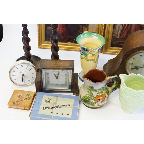 742 - Three Various Clocks, Oak Candlesticks, Print, Jugs, etc.