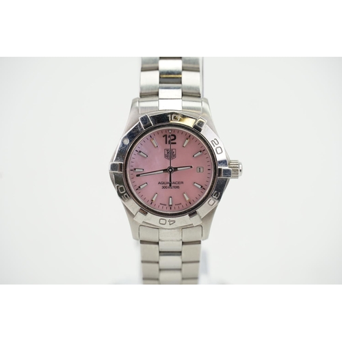 224 - A ladies stainless steel Tag Huer, pink mother of pearl dial in original box, along with papers and ... 