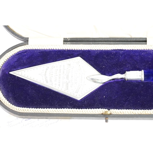 41 - A Baptist Sunday School Sabden Silver trowel, presented by the Architect F.D. Parkinson, in the memo... 