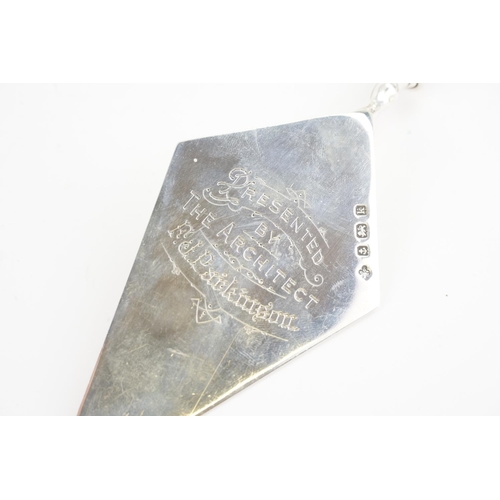 41 - A Baptist Sunday School Sabden Silver trowel, presented by the Architect F.D. Parkinson, in the memo... 