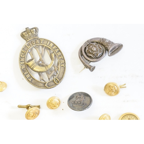 672 - The King's Light Infantry Cap Badge, a Sweet Heart Brooch to match, Naval Buttons, etc.