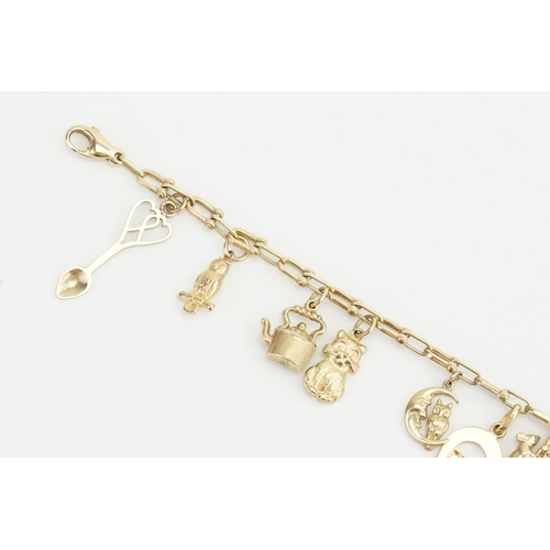 99 - A 9ct Gold Charm Bracelet with various charms to include a Coach & Horse, Rat, Corn on the Cob, Bird... 