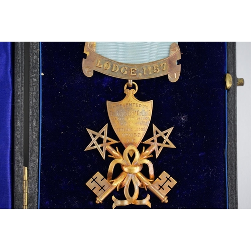 139 - A Masonic Freemasons Treasurer's medal for Lodge 1157, which is Zetland, awarded to Charles J. Cottr... 