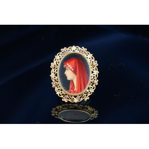 151 - A 18ct Gold T&B marked Vermeil St. Saint Fabiola Hand Painted Brooch, set with diamonds on the portr... 