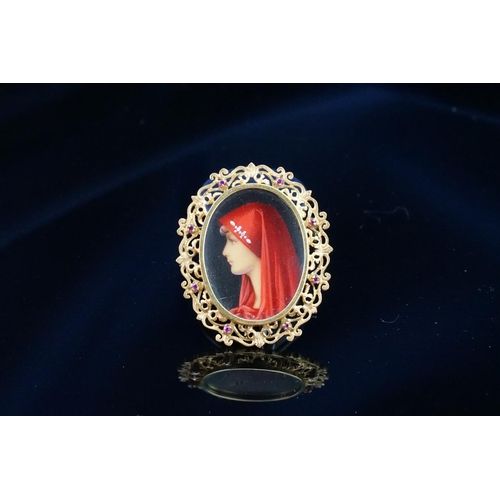 151 - A 18ct Gold T&B marked Vermeil St. Saint Fabiola Hand Painted Brooch, set with diamonds on the portr... 