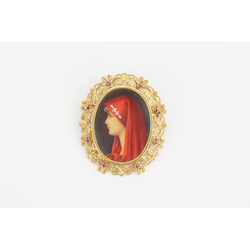 151 - A 18ct Gold T&B marked Vermeil St. Saint Fabiola Hand Painted Brooch, set with diamonds on the portr... 