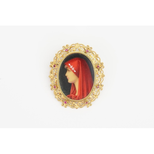 151 - A 18ct Gold T&B marked Vermeil St. Saint Fabiola Hand Painted Brooch, set with diamonds on the portr... 