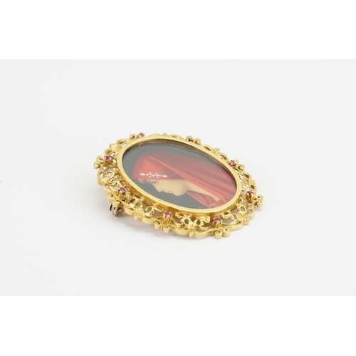 151 - A 18ct Gold T&B marked Vermeil St. Saint Fabiola Hand Painted Brooch, set with diamonds on the portr... 