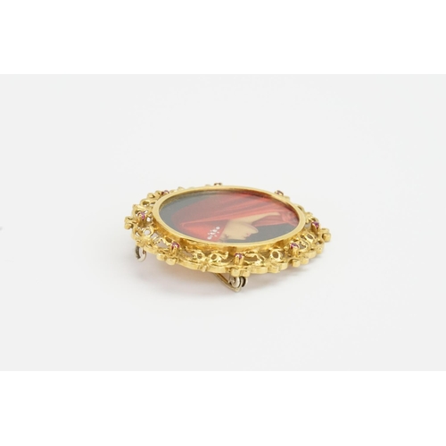 151 - A 18ct Gold T&B marked Vermeil St. Saint Fabiola Hand Painted Brooch, set with diamonds on the portr... 