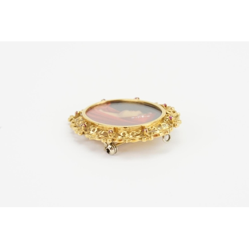 151 - A 18ct Gold T&B marked Vermeil St. Saint Fabiola Hand Painted Brooch, set with diamonds on the portr... 