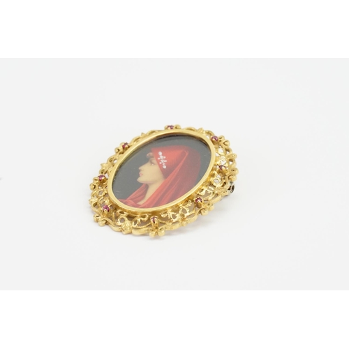 151 - A 18ct Gold T&B marked Vermeil St. Saint Fabiola Hand Painted Brooch, set with diamonds on the portr... 