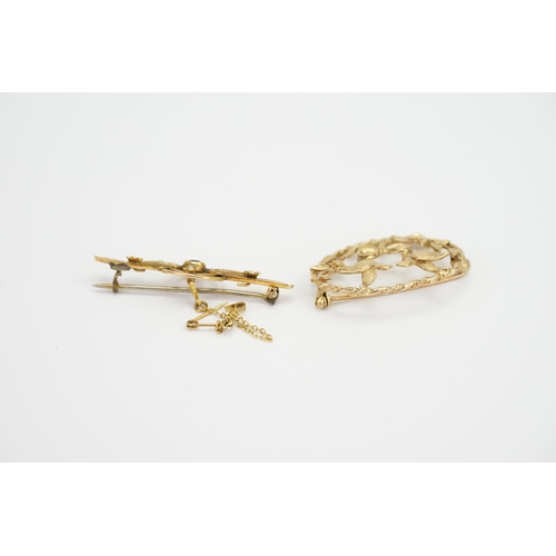 153 - Two 9ct Gold brooches, one designed with birds and the other pearls. Weight approximately 7.4g.