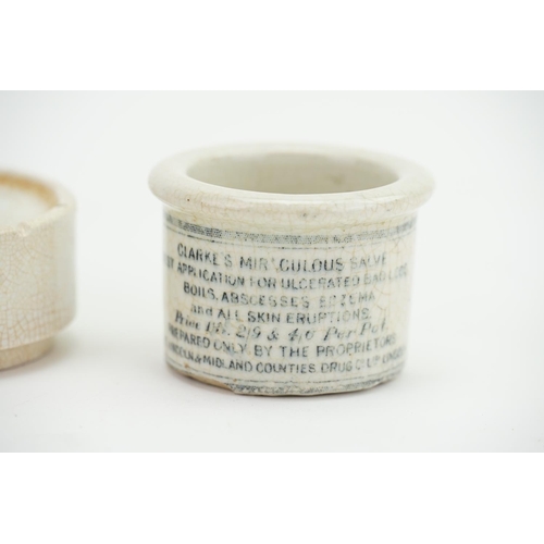 900 - Transfer decorated Clarkes Miraculous salve for boils and skin eruptions pot, along with The Windsor... 