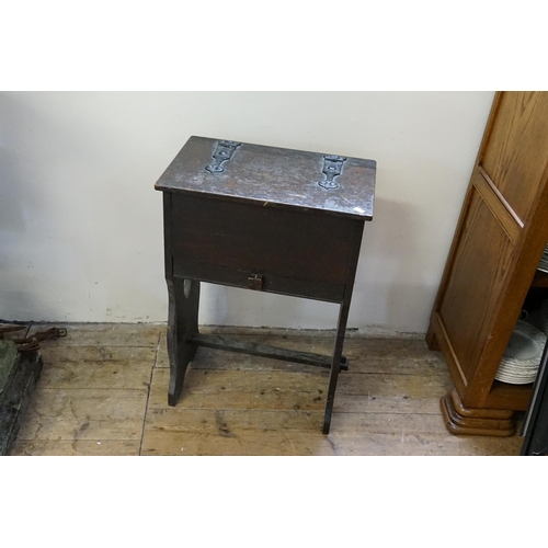 599 - An Arts & Crafts Needlework Cabinet fitted with Birkett Iron Hinges & a heart shaped pierce sides. M... 