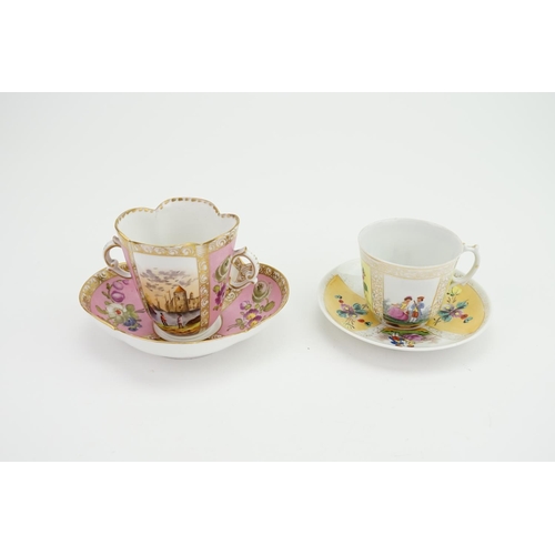 889 - An Augustus Rex Twin Handled Chocolate Cup & Saucer in the pink ground decorated with a Castle scene... 