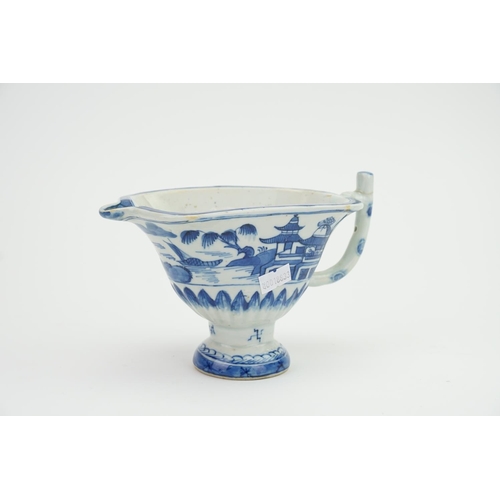 451 - A Chinese Export Chen Lung design Sauce Boat on pedestal foot decorated in the Blue & White Pattern.