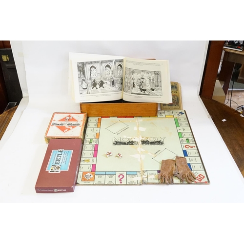 296 - A Plastic Tub containing an Early Monopoly Game, Giles 2016 Annual, Game of Beatle, Early Pair of Ch... 