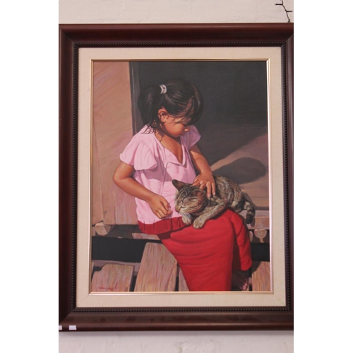 942 - A Signed Chinese school oil on canvas, depicting a young girl with a cat. Measuring: approx 82cm x 9... 