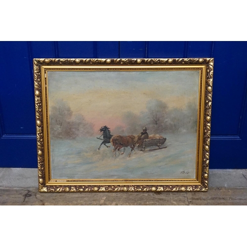 949 - A 1920s sleigh scene depicting two racing horses pulling a laden sleigh, signed Tolias, measuring: 8... 