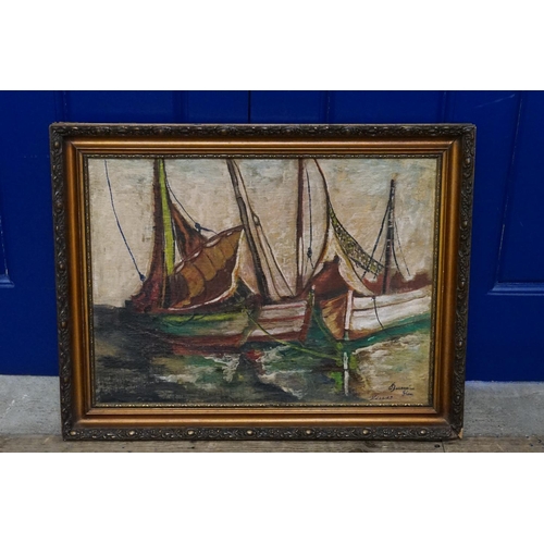 959 - An Oil on Board of Boats moored in a harbour signed 