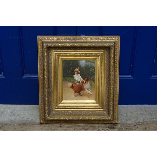 961 - An Oil on Board of a Young Child with a Collie Dog walking by a stream in a Gesso Frame signed 