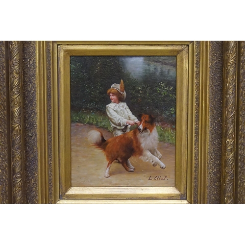 961 - An Oil on Board of a Young Child with a Collie Dog walking by a stream in a Gesso Frame signed 