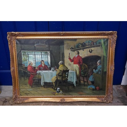 944 - A Gilt framed 20th century Oil Painting on Canvas of the Weary Travellers in an Inn, signed E. Larro... 