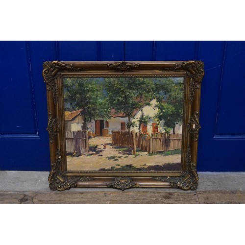 948 - A late 19th Century oil on canvas of a rural cottage in France with a chicken running in front of a ... 