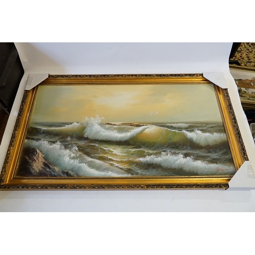 930 - An oil on canvas of waves off the coast signed, possibly Milford-on-Sea, Framed.