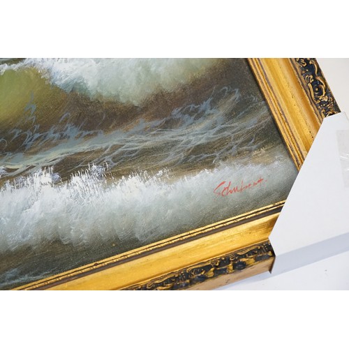 930 - An oil on canvas of waves off the coast signed, possibly Milford-on-Sea, Framed.