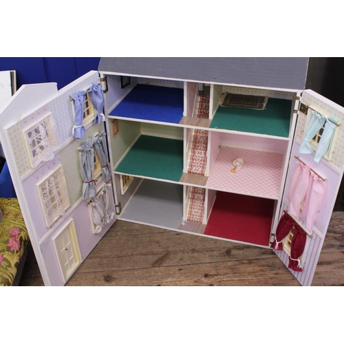 365 - A Scratch Built 3 Floor Dolls House. Measuring: 74cms High x 62cms across x 32cms deep.