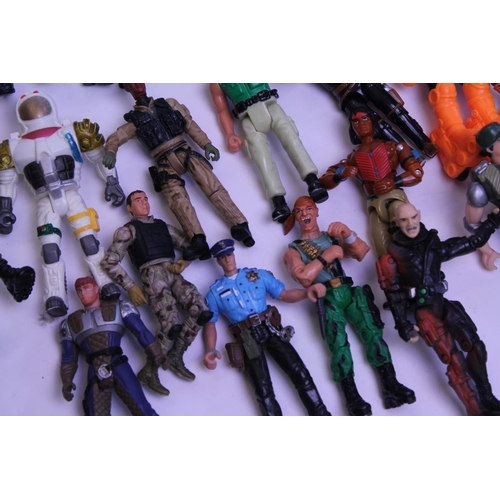 141 - A collection of various action figures to include a large amount of weapons and accessories.