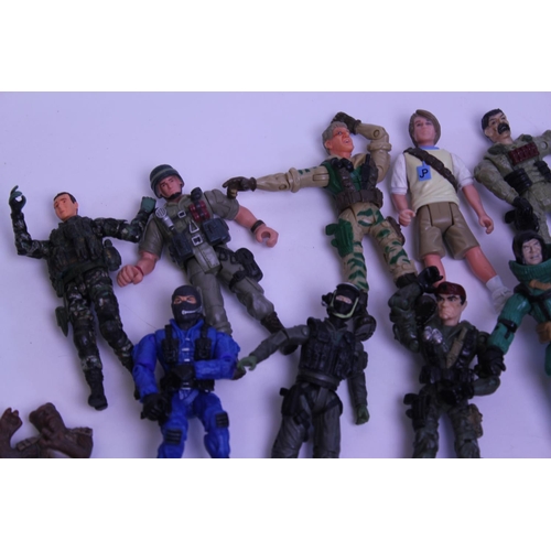 141 - A collection of various action figures to include a large amount of weapons and accessories.