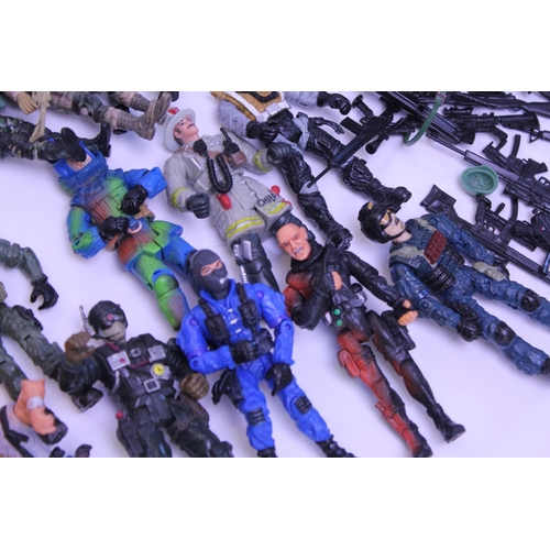 141 - A collection of various action figures to include a large amount of weapons and accessories.