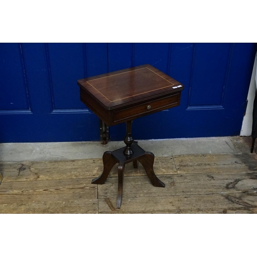 587 - A Reproduction Single Drawer Mahogany Cross Banded Side Table on pedestal base. Measuring: 40cms acr... 