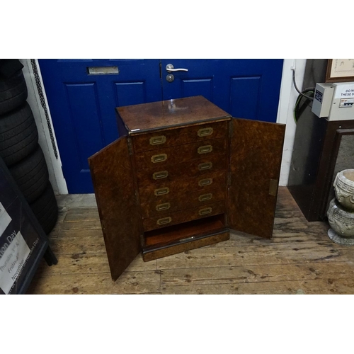 601 - A late Victorian burr walnut veneered and brass banded Collectors cabinet with monogram and coronet ... 