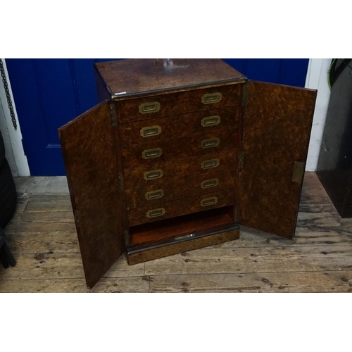 601 - A late Victorian burr walnut veneered and brass banded Collectors cabinet with monogram and coronet ... 