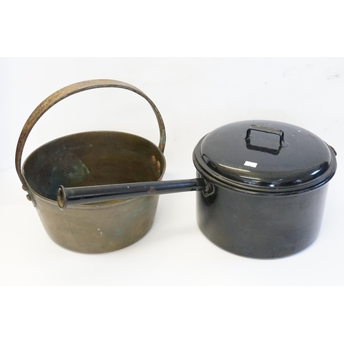 353 - A Brass Jam Pan and a 1920s Large enamelled Saucepan with lid.