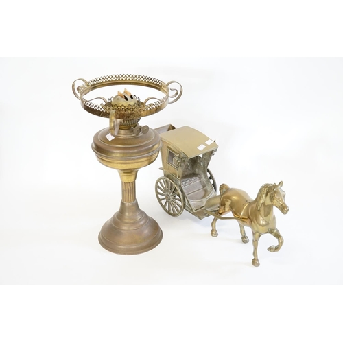 354 - A Cast Brass Horse and Hackney Carriage and a Victorian Oil Lamp.